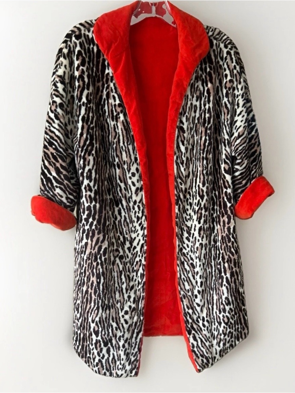 Reversible Leopard Print Tomato Red Velveteen Statement Coat M/L